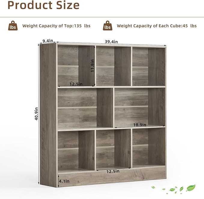 LEYAOYAO 8 Cube Bookshelf with Base,3 Tier Mid-Century Modern Grey Bookcase,Standing Wide Bookshelves Storage Organizer Shelf,Rustic Wood Display Cabinet Book Shelves for Bedroom,Living Room,Office-Ruum Studio Home