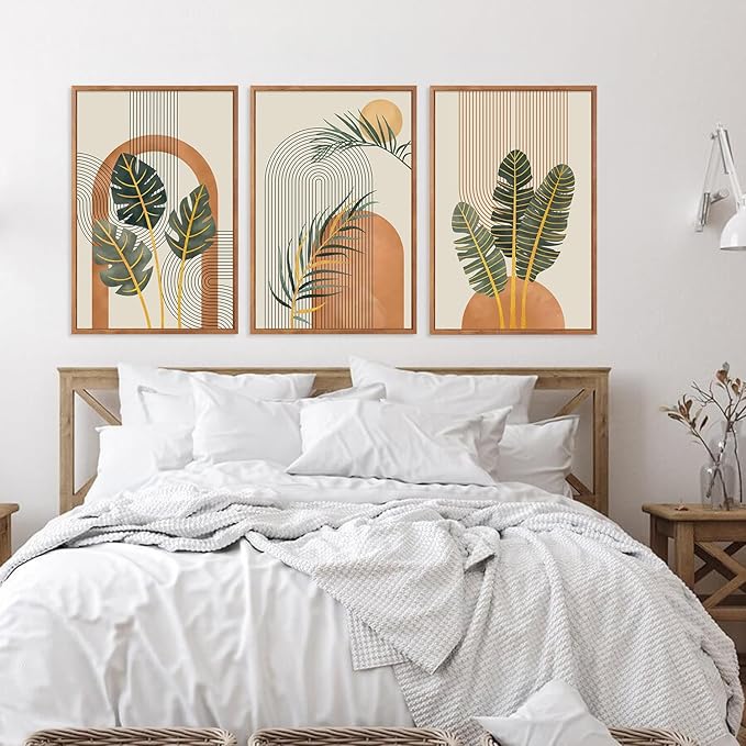 KAIRNE Boho Canvas Wall Art,Tropical Palm Leaf Wall Decor,Mid-Century Geometric Illustrations Set of 3(16”X24”),Abstract Line Pictures,Modern Botanical Prints for Living Room Bedroom Dining Room Decor-Ruum Studio Home