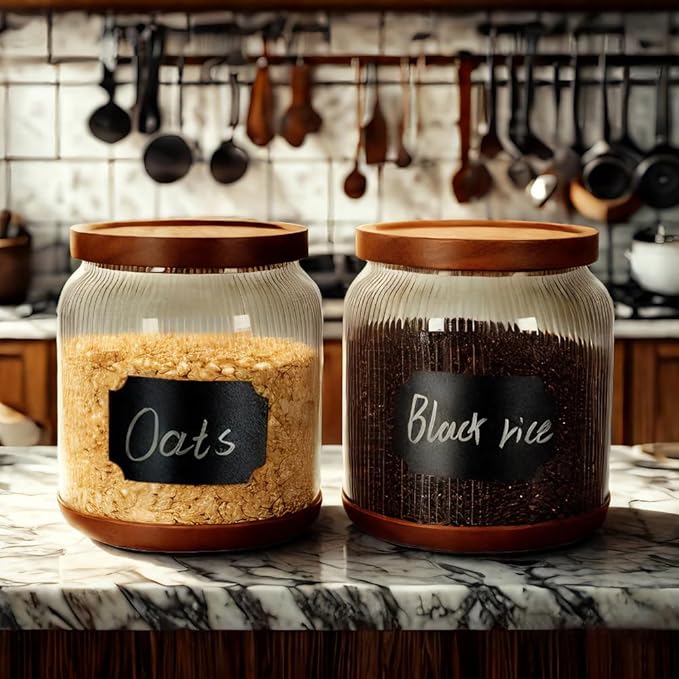 SAIOOL 2-Pack Striped Borosilicate Glass Airtight Canisters - Big mouth Large Capacity, Acacia Wood Lid, Food Storage Jars for Flour, Pasta, Pantry Organization (1/2 Gallon （Striped 2 pack）)-Ruum Studio Home