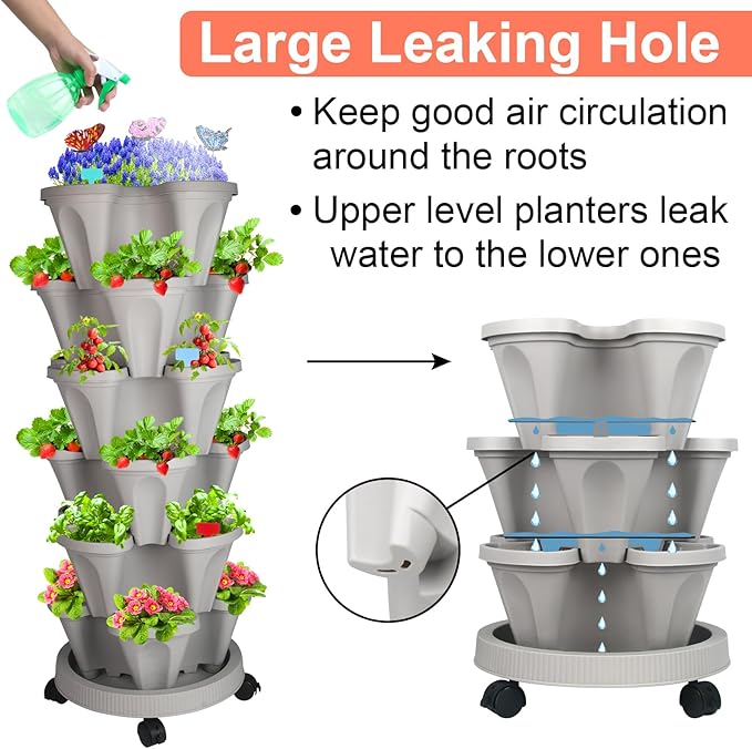 Vertical Planter, 6 Tier Stackable Strawberry Planter with Garden Tool Set, Movable Indoor/Outdoor Garden Herb Pot for Growing Vegetables and Succulents, Gray-Ruum Studio Home
