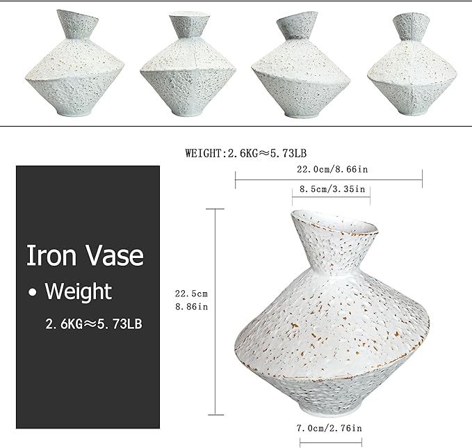 Cast Iron Decorative Vase, Dried Flower Rustic Vases, Wabi Sabi Vase for Modern Home Decor, Living Room, Shelf Decor, Enterway, Wedding, Office, Table, Bedroom, Kitchen, 8.86" H (White)-Ruum Studio Home