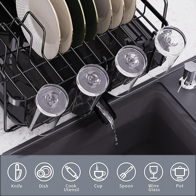 Runnatal Large Dish Drying Rack with Drainboard Set, Dish Rack, Extendable Dish Rack, Utensil Holder, Cup Holder, Expandable Dish Drainer for Kitchen Counter-Ruum Studio Home