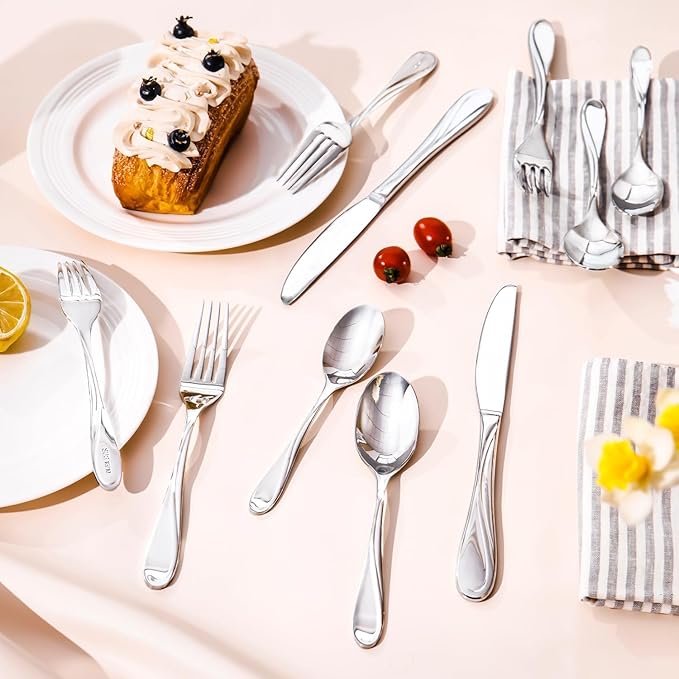 HIKAA Wave Design Silverware Gift Set for Wedding, 40-Piece Artistic Stainless Steel Flatware in Gift Box, Fibonacci Pattern Cutlery Set Service for 8, Mirror Polished-Ruum Studio Home