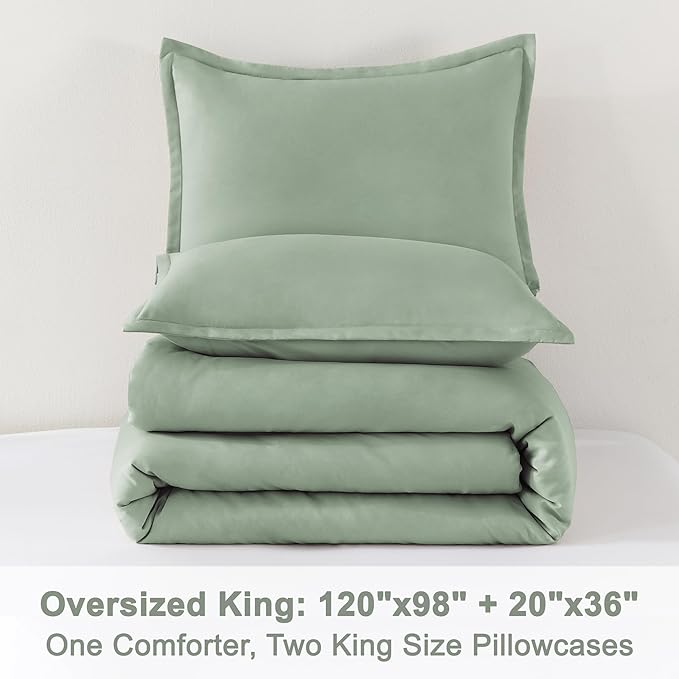 Litanika Oversized King Comforter Set 120x98, 3 Pieces Sage Green Lightweight Solid Bedding Set, All Season Fluffy Bed Set Quilt Blanket (1 Comforter & 2 Pillowcases)-Ruum Studio Home