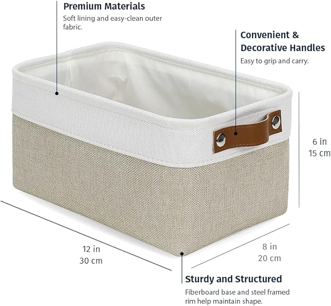 OrganiHaus Small Fabric Storage Baskets for Shelves 3 Pack, 12x8in Closet Storage Bins for Shelves, Cloth Baskets for Organizing, Linen Closet Organizers, Fabric Basket, Beige/White-Ruum Studio Home