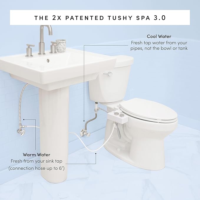 TUSHY Spa Royale Warm Water Bidet Seat Attachment. Self Cleaning Water Sprayer, Adjustable Pressure Nozzle, Angle Control. (Requires Sink Access for Water Temperature Control), Gold Knobs-Ruum Studio Home