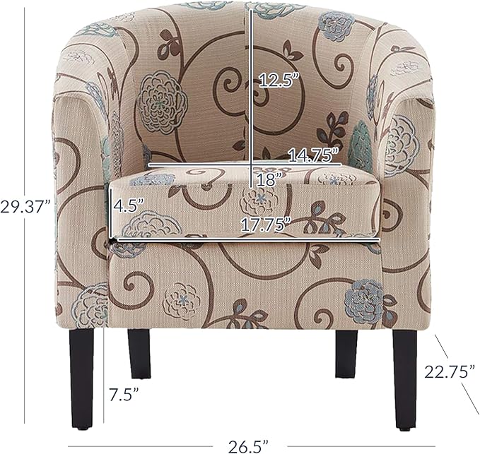 BELLEZE Living Room Chair, Linen Round Accent Barrel Chair, Club Tub Sofa Chair for Bedroom, Corner Chair with Flared Legs and Cozy Soft Padding - Highland (Floral Print)-Ruum Studio Home
