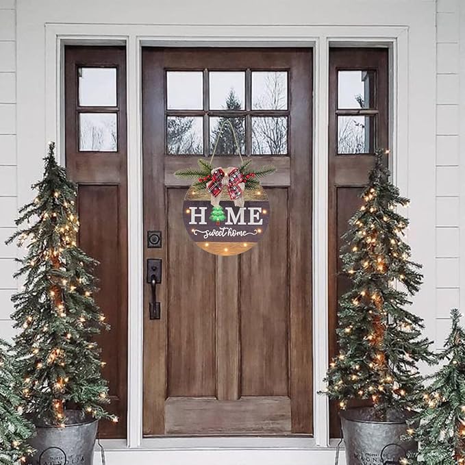 Interchangeable Seasonal Welcome Sign Front Door Decoration with 4 Seasonal Wreaths and LED Light, Rustic Round Wood Wreaths Wall Hanging Outdoor, Farmhouse Front Door Decoration Home Décor-Ruum Studio Home