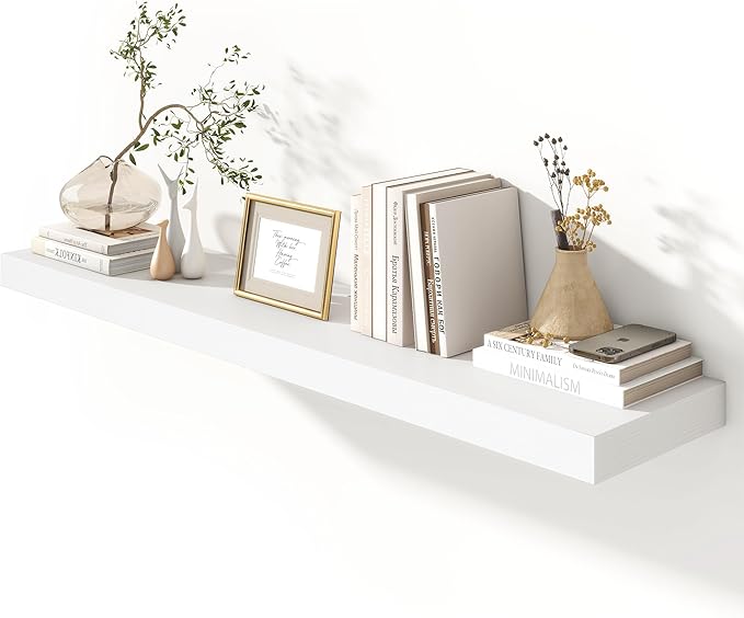 White Floating Shelves for Wall - 55 Inch Wide x 12 Inch Deep Wall Shelves Set of 1 - Rustic White Wood Shelves for Living Room, Bathroom, Laundry Room, Bedroom, Kitchen, Home Office-Ruum Studio Home