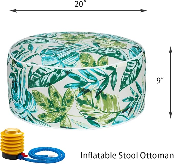 FUNHOME Inflatable Outdoor Ottoman with Air Pump,20"x9" Portable Patio Pouf,Water Resistant,Fade-Resistant,Round Blow Up Footrest Stools for Home Garden Camping Travel(Palm Leaf)-Ruum Studio Home