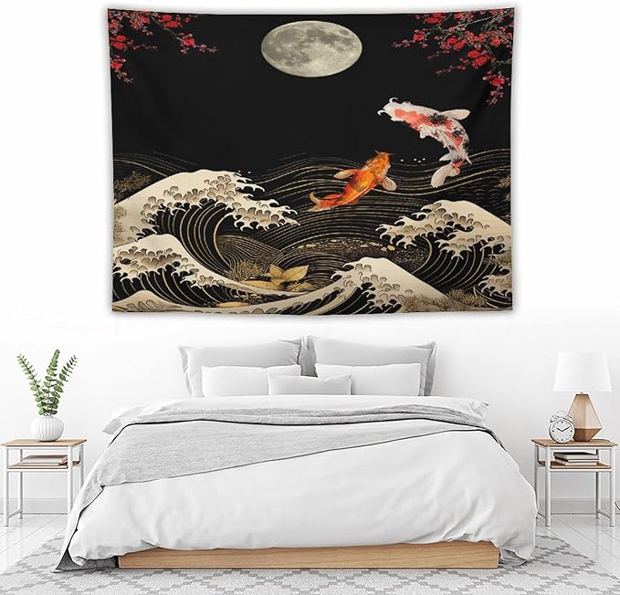 Houselerax Koi Fish Tapestry, Japanese Style Yin Yang Big Wave Cherry Blossom Tapestries Wall Hanging for Bedroom Living Room Office Decor 80"x60"-Ruum Studio Home