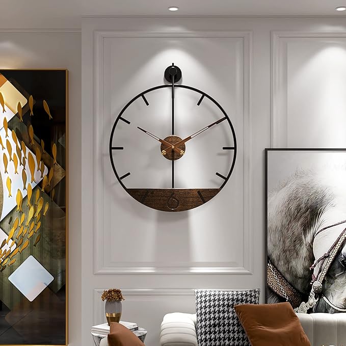 Modern Wood Walnut Dial Wall Clock, Large Simple Wall Decor Metal Frame Silent Non Ticking Clock for Living Room Decor, Kitchen, Bedroom, Study Decoration, Handmade Home Gift Idea, 22.5 in-Ruum Studio Home