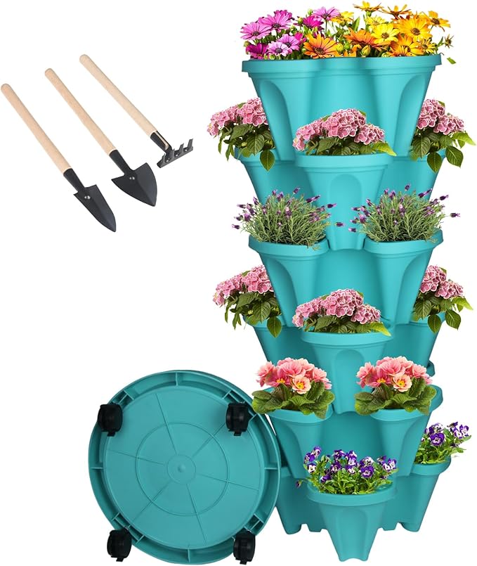 Vertical Planter 6 Tier Stackable Planters Garden Planters Strawberry Herb Flower and Vegetable Planter Indoor Outdoor Gardening Pots with Removable Wheels and Tools-Ruum Studio Home