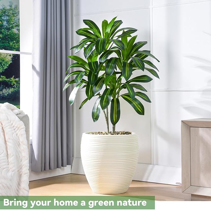 Artificial Dracaena Tree Artificial Silk Tree Faux Tree with White Tall Planter Fake Tropical Yucca Floor Plant (1, White Planter, 4 FT)-Ruum Studio Home