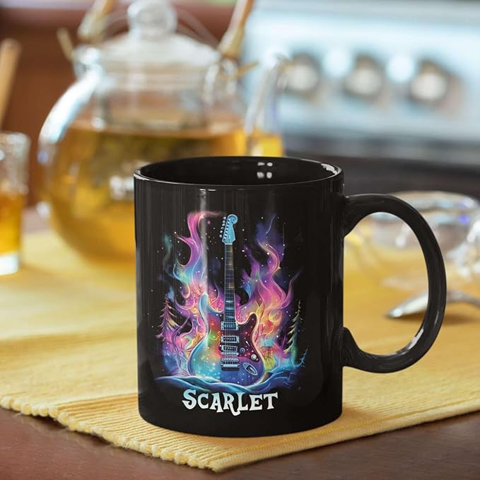 Personalized Electric Guitar Mug 11oz 15oz, Custom Choose Name Coffee Cup, Customized Rock Music Themed Black Mug, Gift For Musicians, Electric Guitar Ceramic Cup With Cosmic Design-Ruum Studio Home