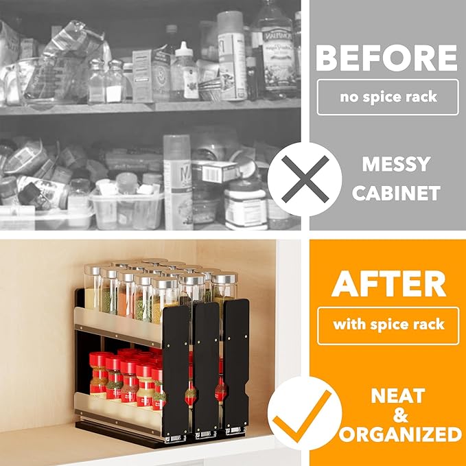 SpaceAid Bamboo Pull Out Spice Rack Organizer for Cabinet, Heavy Duty Slide Out Seasoning Kitchen Pantry Sliding Vertical Organization, 7.6" Wide, 3 Drawers(2" Wide), 2-Tier, Black-Ruum Studio Home
