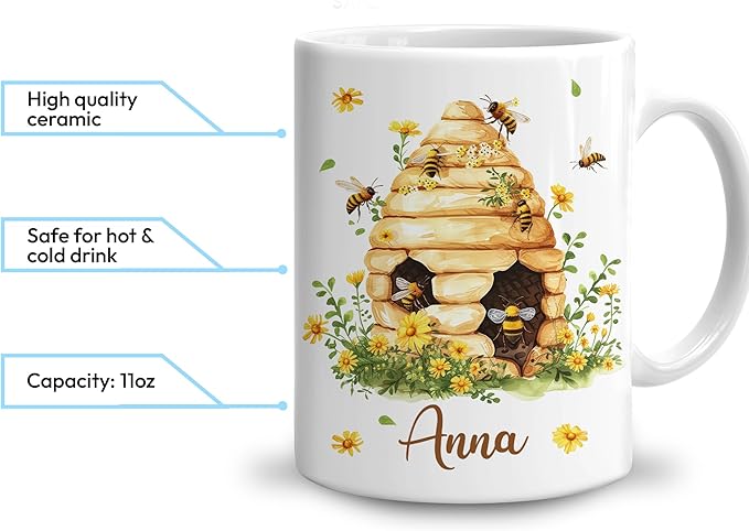 Hyturtle Personalized Bee Mug - Bee Keeper Gifts For Women - Honeybee Gifts For Lovers - Animals Present For Lovers On Birthday - Teacher Appreciation Present - Custom Coffee Cup Ceramic Mug 11 15 Oz-Ruum Studio Home