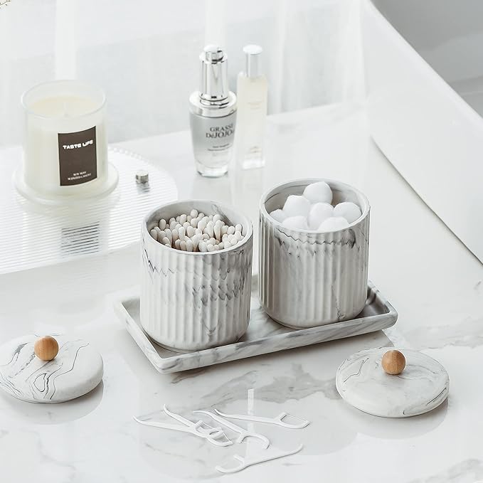 Marble Small Bathroom Jar Set ，Ceramic Cotton Swabs Holder with Lid and Dresser Organizer Set Tray for Storage and Organizing in Bathroom, Dresser, Kitchen, Office-Ruum Studio Home