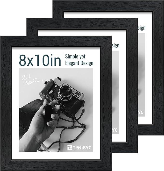 8x10 Picture Frame Set - 3 Pack, Textured Black Solid Wood, HD Tempered Glass, Gallery Photo Frame, Table or Wall Display-Ruum Studio Home