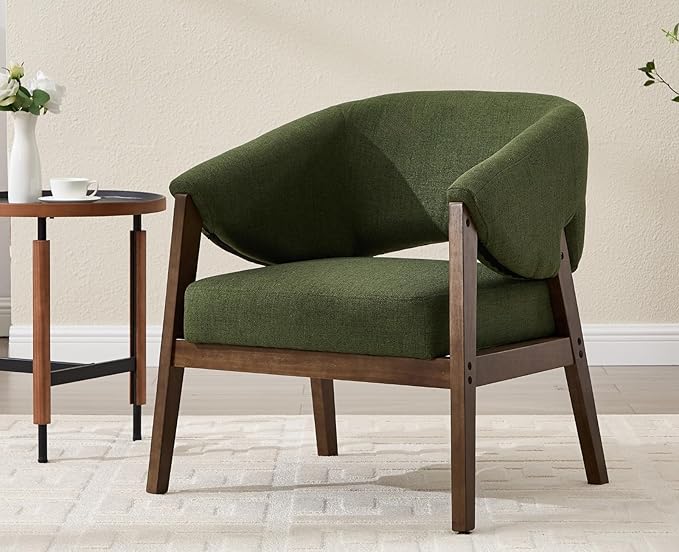 Mid-Century Modern Accent Chair, Comfy Barrel Armchair with Wide Seat, Upholstered Lounge Chair with Walnut Wood Legs for Living Room/Bedroom/Reading Corner, Linen Fabric, Deep Green, 1PC-Ruum Studio Home