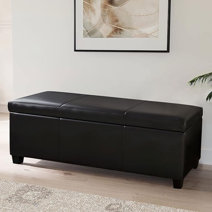 BELLEZE 47 Inch Storage Ottoman, Faux Leather Storage Bench Bedroom Bench with Safety Close Hinge, Ottoman with Storage for Living Room, Entryway, Hallway, Foot Rest, Support 300lbs - Black-Ruum Studio Home