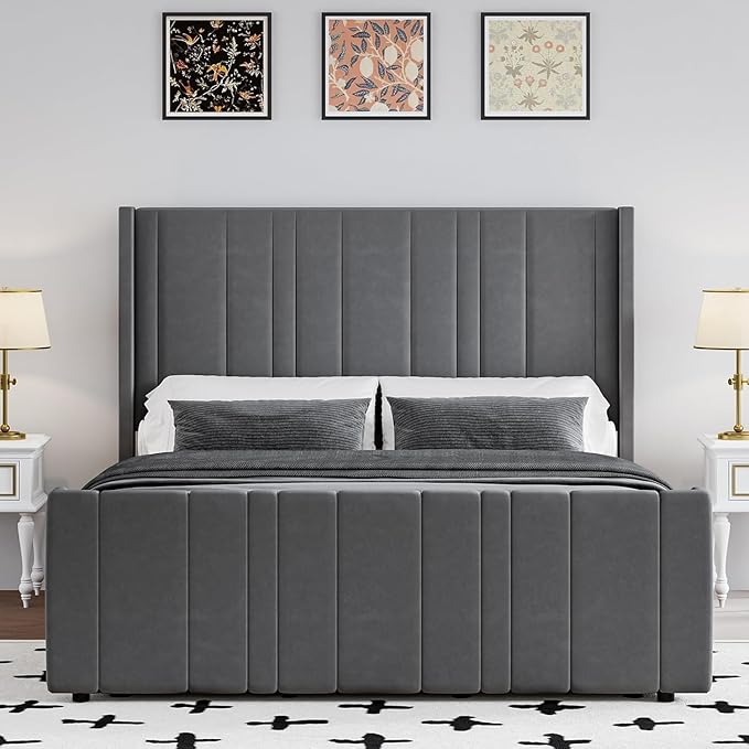 HOMBCK Full Bed Frame with Headboard, Upholstered Platform Bed Full Size with Velvet Headboard & Footboard/Vertical Channel Tufted/Wooden Slats/Noise Free/No Box Spring Needed/Easy Assembly, Grey-Ruum Studio Home