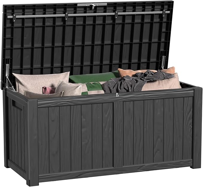 120 Gallon Outdoor Deck Box,Storage Lockable Waterproof Patio Furniture,Garden Tools,Cushions,Pool Accessories Outside Storage Resin Box(Black)-Ruum Studio Home