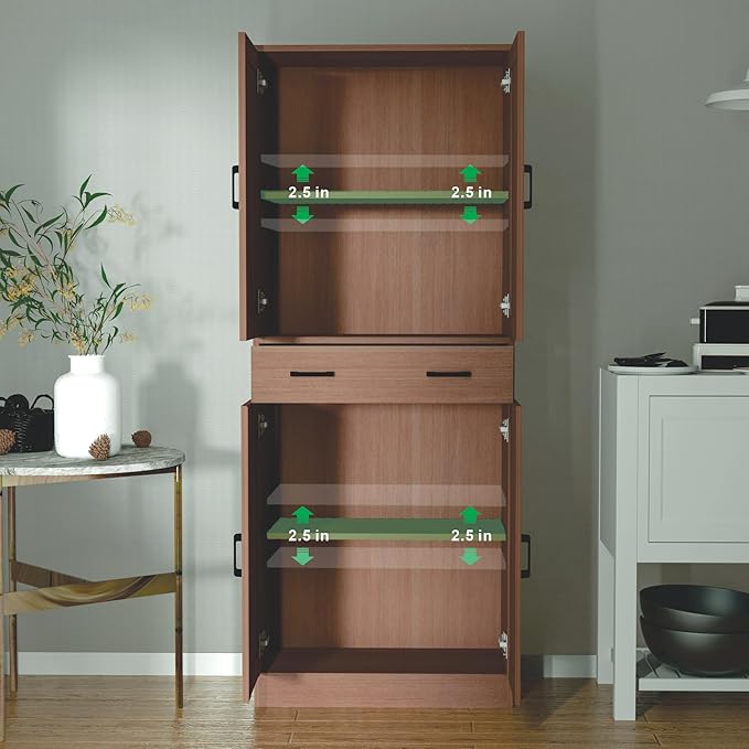 Brown Kitchen Pantry, 71" Tall Storage Cabinet with Doors and Drawer for Kitchen, Hallway, Office-Ruum Studio Home