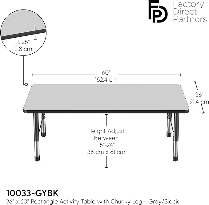 FDP Rectangle Activity School and Classroom Kids Table (36 x 60 inch), Toddler Leg, Adjustable Height 15-24 inches - Gray Top and Black Edge-Ruum Studio Home