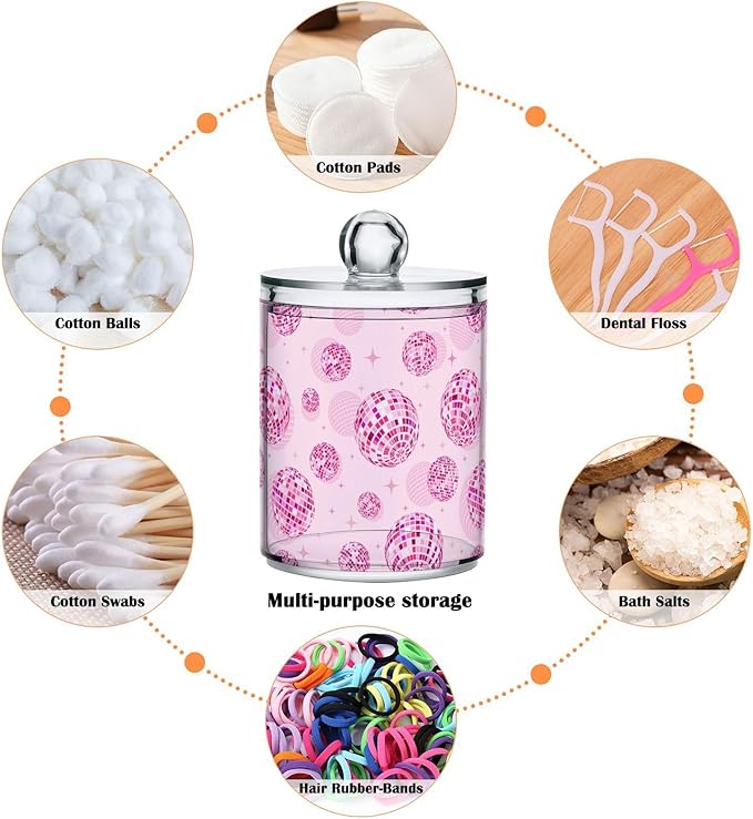 2 Pack Qtip Holder Organizer Dispenser Disco Balls Pink Bathroom Storage Canister Cotton Ball Holder Container for Cotton Pads/Swabs/Floss-Ruum Studio Home