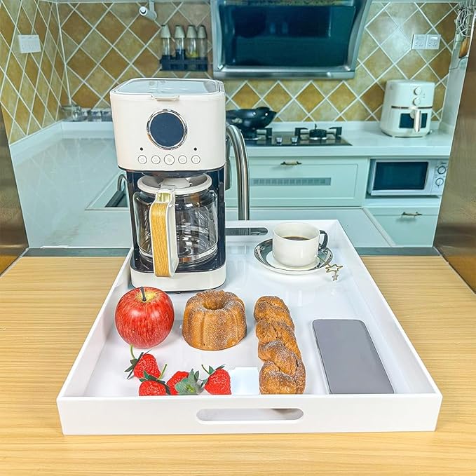White Rectangular 16x20 Inches Acrylic Ottoman Tray Decorative Serving Tray with Cutout Handles Organizer Tray on Coffee Table Countertop Big Breakfast Bed Tray Living Room Appetizer Serving Food-Ruum Studio Home