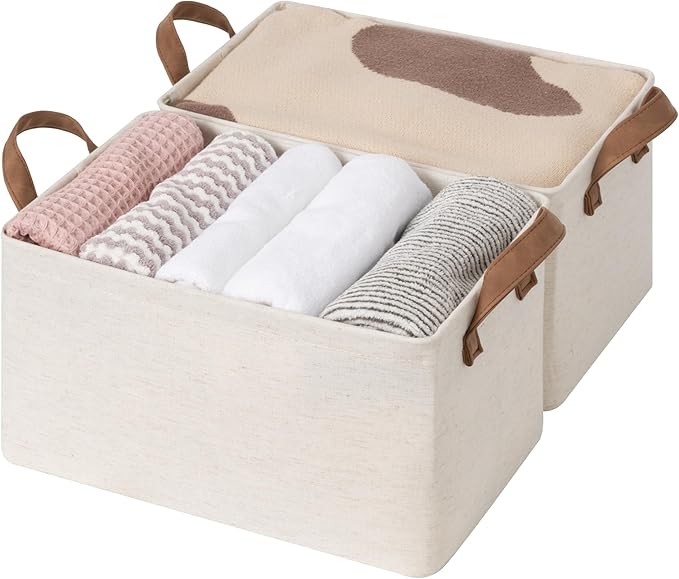 StorageWorks Storage Bins, Shelves Baskets for Organizing, Fabric Closet Organizers with Handles, Metal Frame, Beige（Cotton-linen）, 2-Pack-Ruum Studio Home