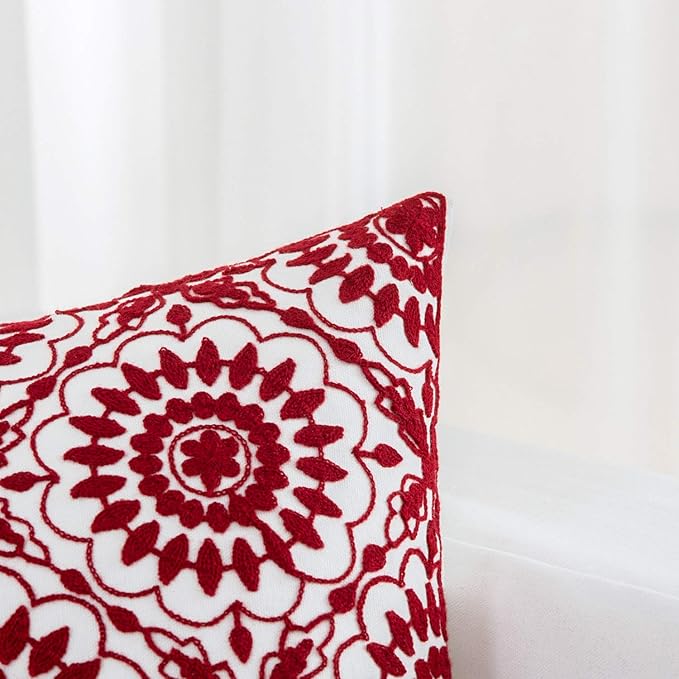 HWY 50 Red Decorative Throw Pillow Covers 18x18 Inch (1 Piece), Embroidered Cotton Farmhouse Cushion Cover Pillow Case for Sofa Couch Living Room Bed, Little Sunflower-Ruum Studio Home