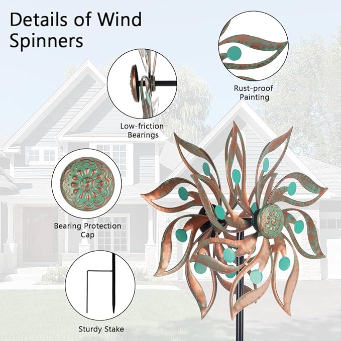Viveta Metal Wind Spinners Outdoor,Vintage Kinetic Wind Spinner Garden Pinwheels with Metal Stake for Patio,Lawn,Garden,59 * 13.4 Inch-Ruum Studio Home