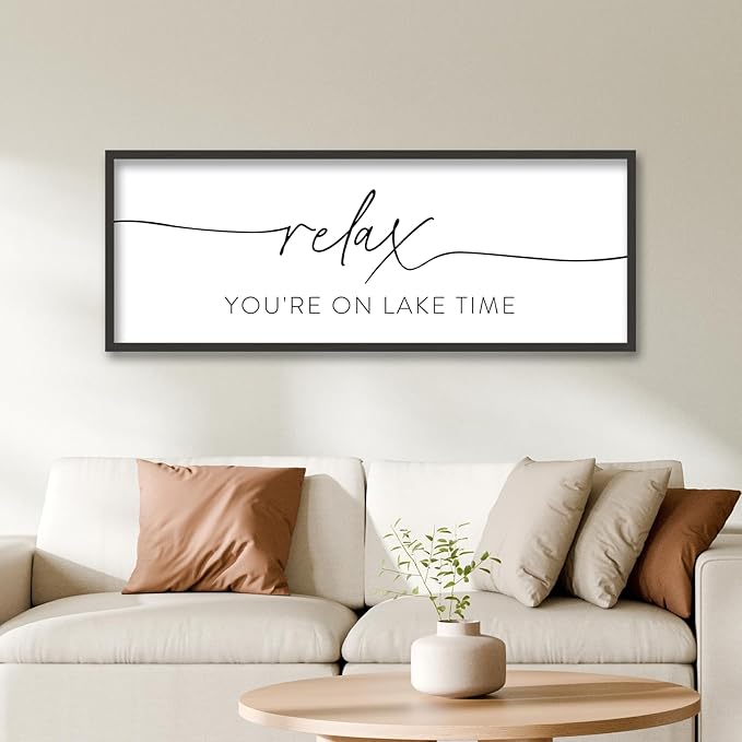 SRSZHIYUE Relax You're On Lake Time Wall Decor Above Bed Sign 40"×15" for Lake House Bedroom Over Bed Large Wood Framed Hanging Art (Black)-Ruum Studio Home