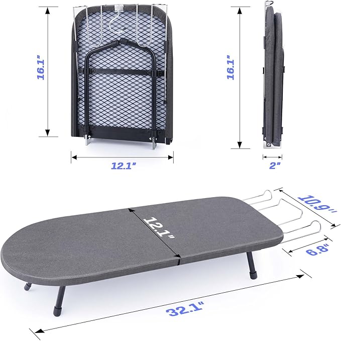 Tabletop Ironing Board with Iron Rest, Metal Mesh Panel Mini Ironing Board with Heat Resistant Cover, Portable Small Iron Board Foldable for Dorms, Apartment and Travel, 32" x12'', Black-Ruum Studio Home