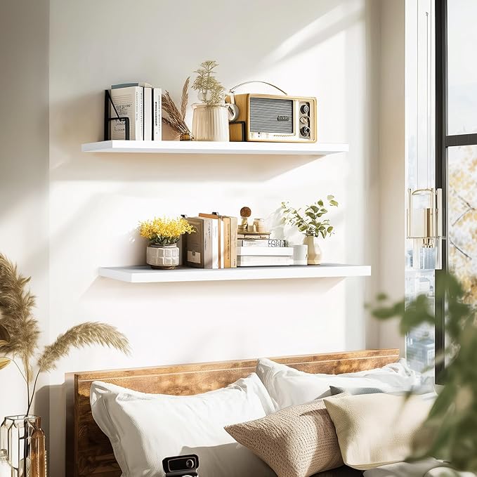 Floating Wall Shelves 2-Pack - 36-Inch Rustic White Wooden Shelves for Storage and Décor, Easy Installation for Living Room, Bedroom, and Kitchen-Ruum Studio Home
