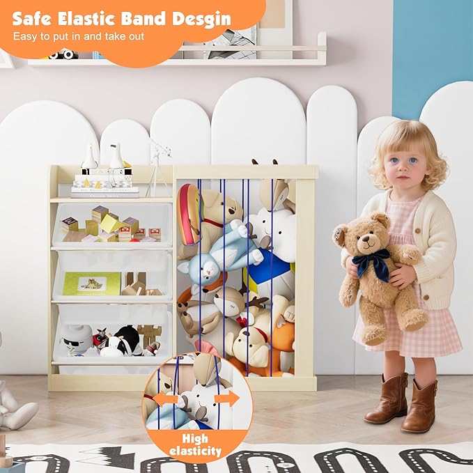 Kids Toy Storage Organizer with 3 Removable Plastic Bins Toddler Montessori Bookshelf with Stuffed Animal Net Holder Baby Bookcase Plush Organizer for Playroom, Bedroom,,Kids Room,Classroom,Nursery-Ruum Studio Home