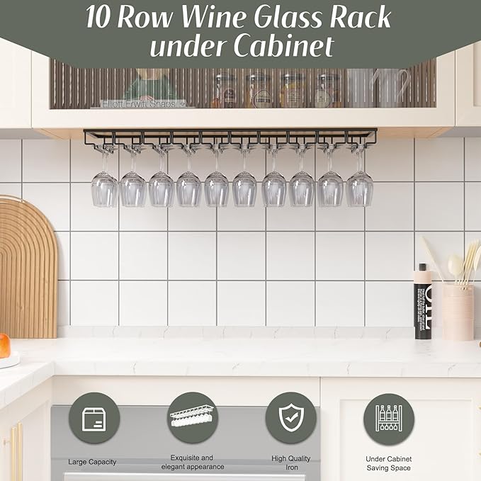 Xverycan Wine Glass Rack Under Cabinet, 10 Row Extreme Large Stemware Hanger, Metal Wine Goblet Holder, DIY Bar Glass Storage Rack for Bar Counter, Kitchen, Screws Included-Ruum Studio Home