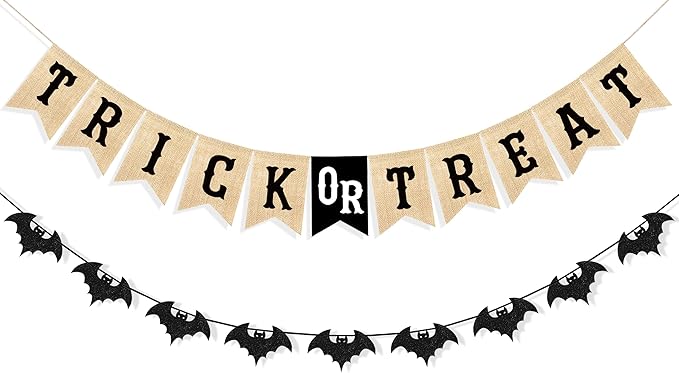 Uniwish Trick or Treat Burlap Banner Halloween Decorations for Mantel Fireplace Glitter Bat Garland Bunting Home Wall Decor Halloween Party Supplies-Ruum Studio Home