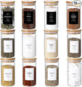 12 Pcs Glass Spice Jars With 296 Spice Labels Preprinted of White and Black Color- 10oz Thicken(2.4mm) Spice Containers With Bamboo Airtight Lids - Empty Small Herb Seasoning Jars-Ruum Studio Home