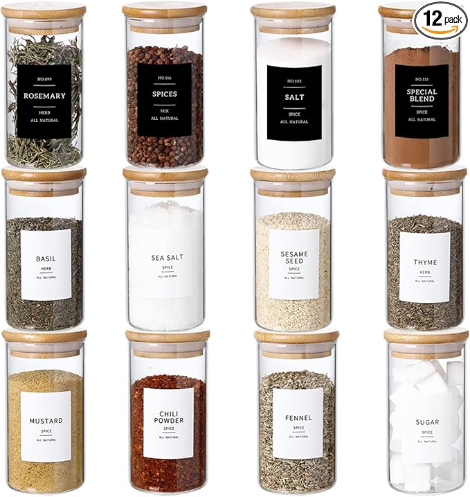 12 Pcs Glass Spice Jars With 296 Spice Labels Preprinted of White and Black Color- 10oz Thicken(2.4mm) Spice Containers With Bamboo Airtight Lids - Empty Small Herb Seasoning Jars-Ruum Studio Home