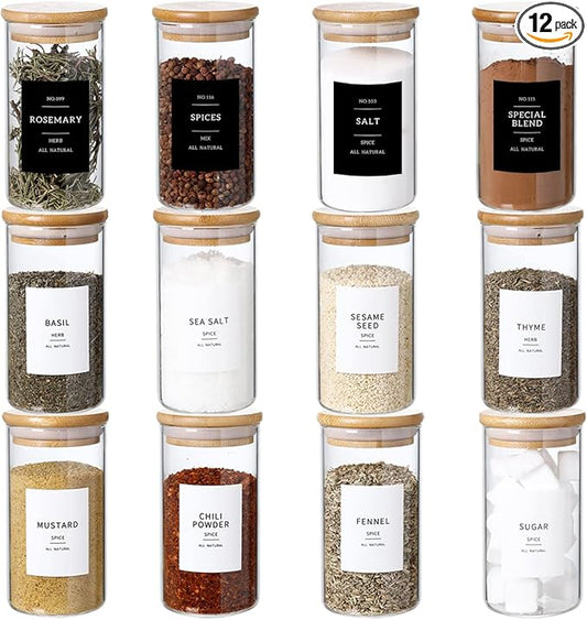 12 Pcs Glass Spice Jars With 296 Spice Labels Preprinted of White and Black Color- 10oz Thicken(2.4mm) Spice Containers With Bamboo Airtight Lids - Empty Small Herb Seasoning Jars-Ruum Studio Home