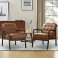 Faux Leather Accent Chair Set of 2, Mid Century Chair for Living Room, Upholstered Comfy Lounge Armchair with Solid Wood Frame, Modern Chair for Bedroom,105°Ergonomic Comfort, Brown-Ruum Studio Home