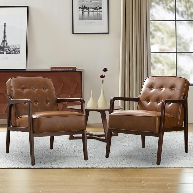 Faux Leather Accent Chair Set of 2, Mid Century Chair for Living Room, Upholstered Comfy Lounge Armchair with Solid Wood Frame, Modern Chair for Bedroom,105°Ergonomic Comfort, Brown-Ruum Studio Home