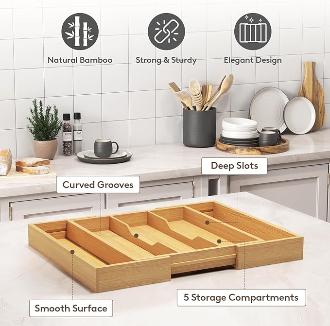 Lifewit Utensil Organizer for Kitchen Drawer, Expandable Cooking Utensil Tray, Bamboo Cutlery Silverware Flatware Holder, Adjustable Spatula Tools and Gadgets Storage Divider, Large, Natural-Ruum Studio Home