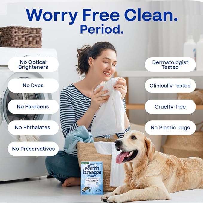 Earth Breeze Laundry Detergent Sheets Fresh Scent - 180 Loads Eco Liquidless Soap - Travel-Friendly for Hot & Cold Cycles, Tackles Tough Stains & Odors - Gentle on Skin, 90 Ct (3 Pack)-Ruum Studio Home