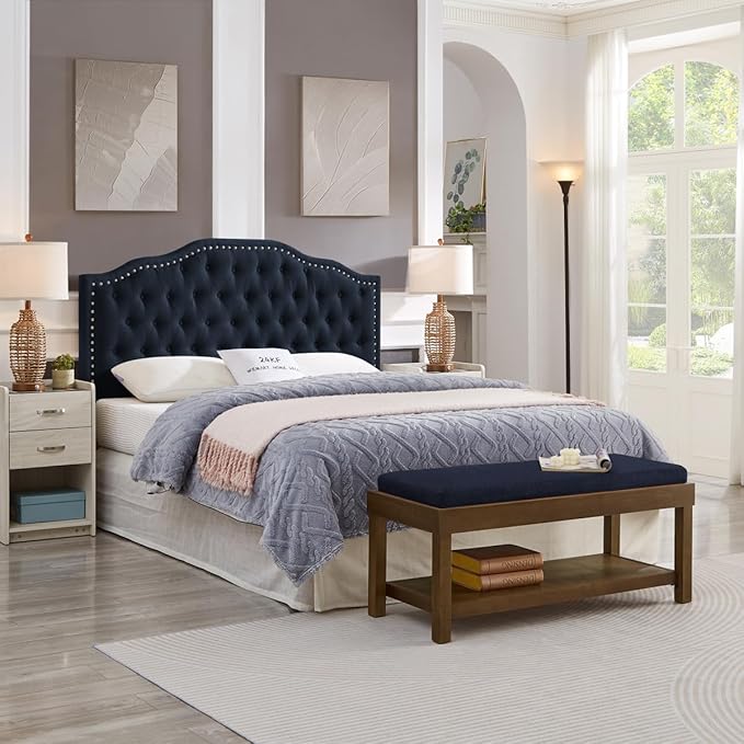 24KF Upholstered Button Tufted Queen Headboard with Nailhead Trim, Elegant Boucle Fabric Full headboard, 6031-Q-Boucle-Navy-Ruum Studio Home