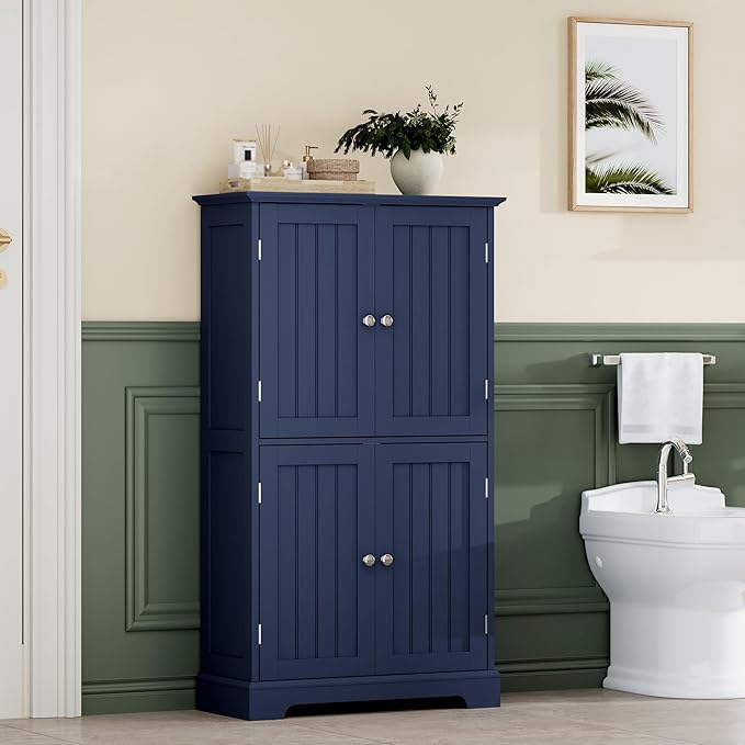 ChooChoo Bathroom Floor Cabinet, Modern Bathroom Storage Cabinet with 4 Doors and Adjustable Shelves, Freestanding Cupboard for Living Room, Navy Blue-Ruum Studio Home