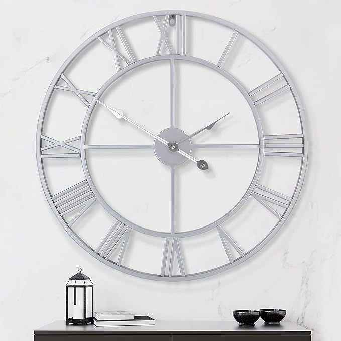 LEIKE 32" Large Modern Wall Clocks,Vintage,Round,Nearly Silent,Little Ticking,Battery Operated,Silver Metal Roman Numerals Clock for Living Room/Bedroom/Kitchen Wall Decor-Ruum Studio Home